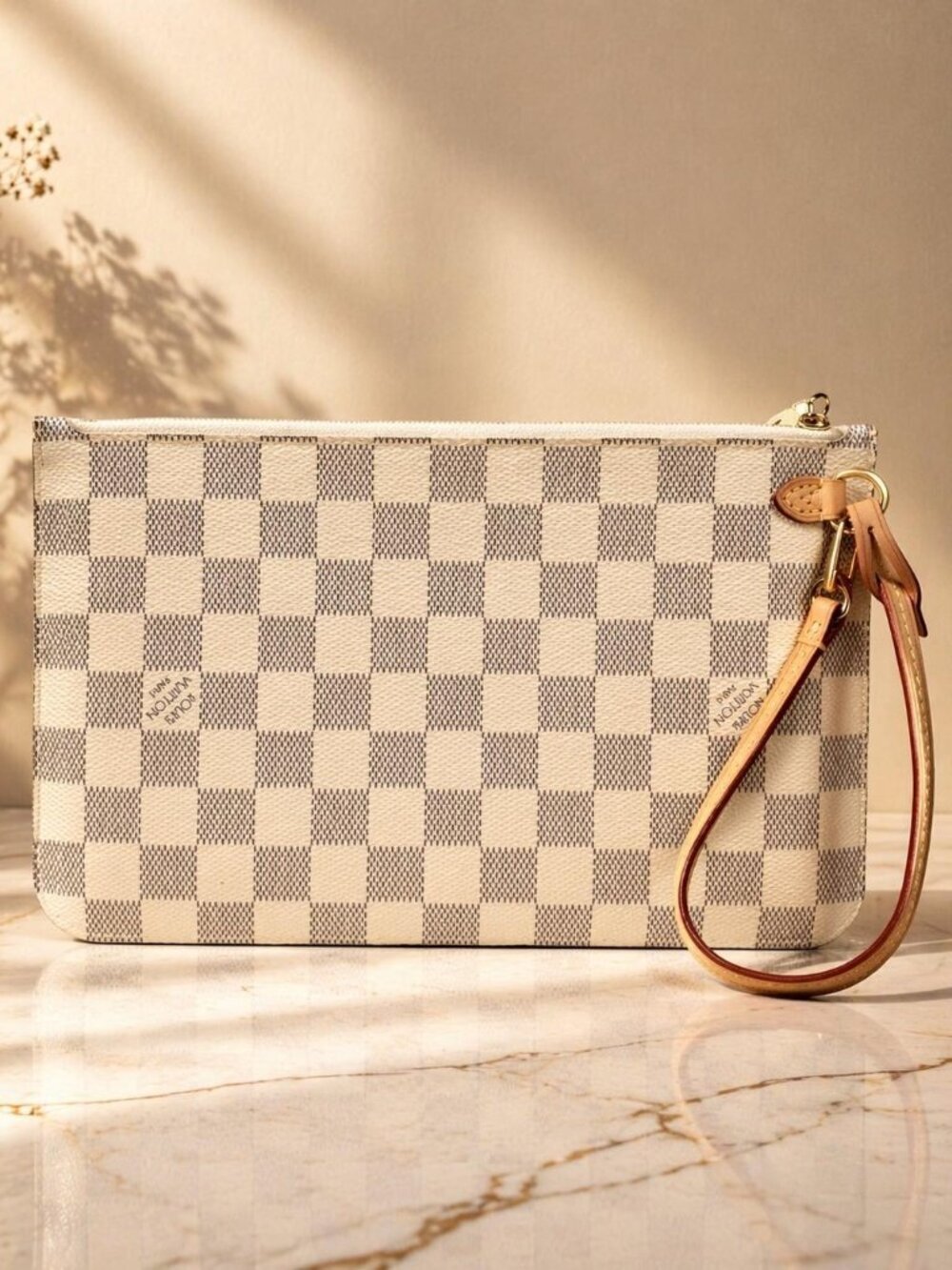 Authentic Louis Vuitton Neverfull Pochette Damier Azur Wristlet Clutch